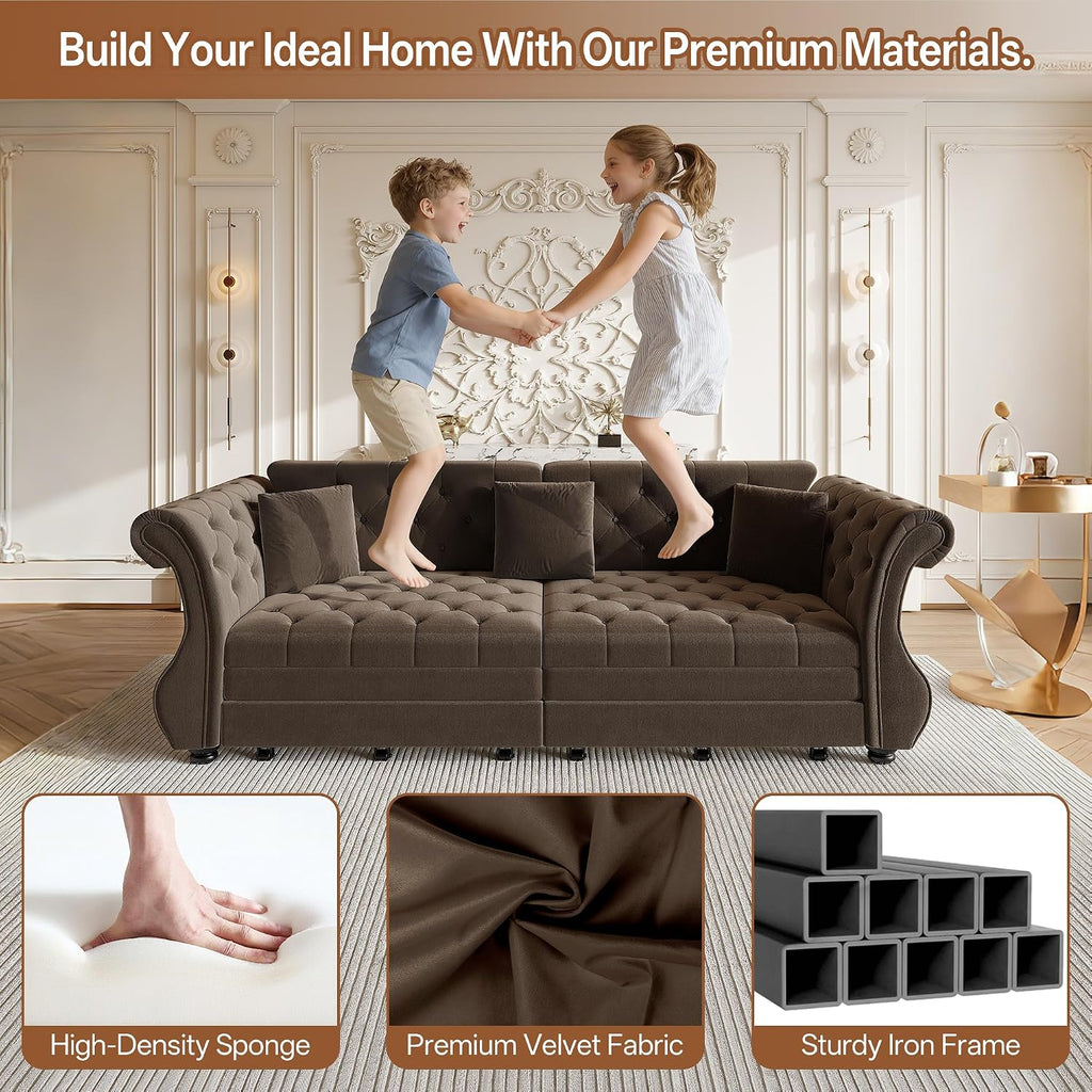 Sleeper Sofa Bed 97.6", Velvet Pull Out Couch, Chesterfield Sofa, Brown