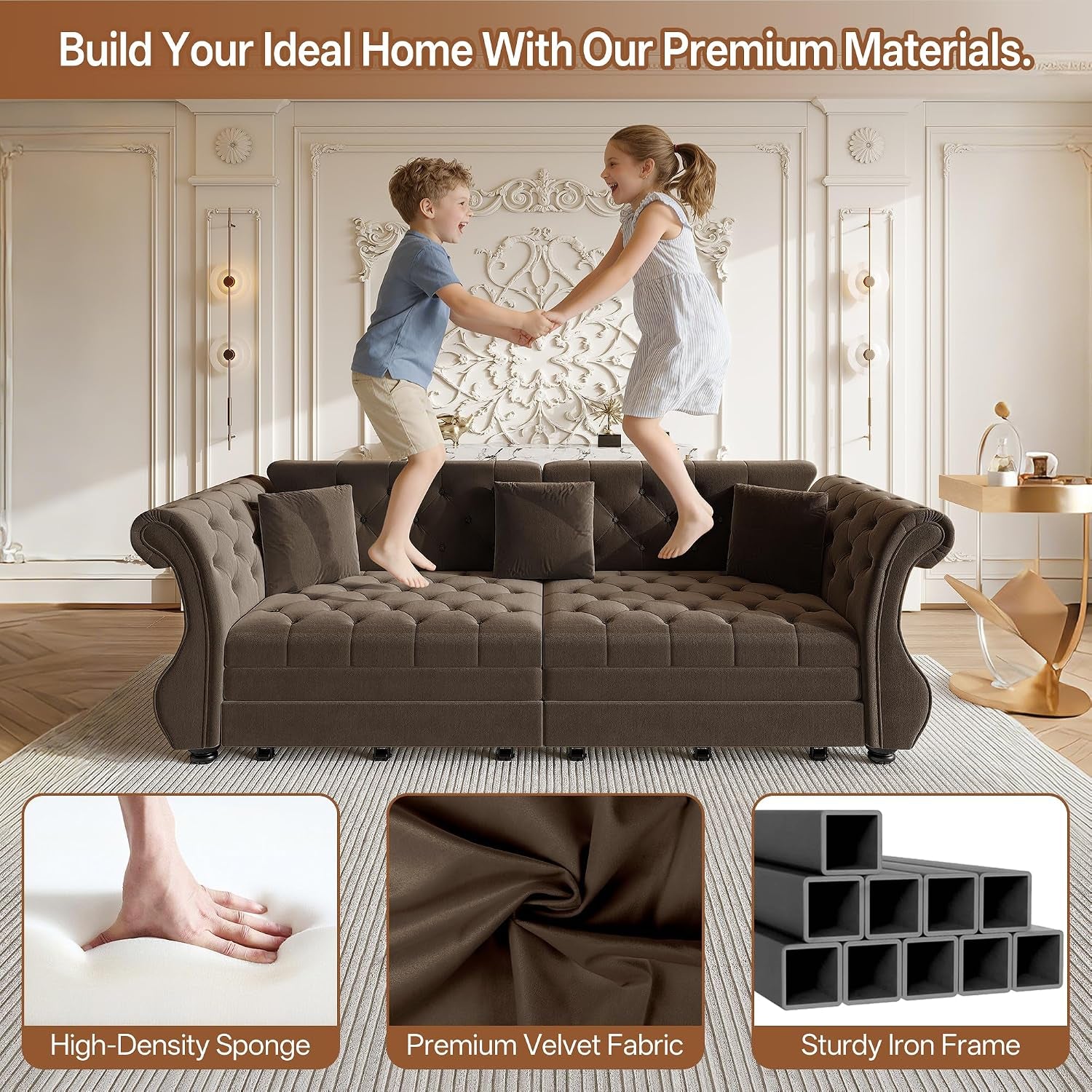 Sleeper Sofa Bed 97.6", Velvet Pull Out Couch, Chesterfield Sofa, Brown