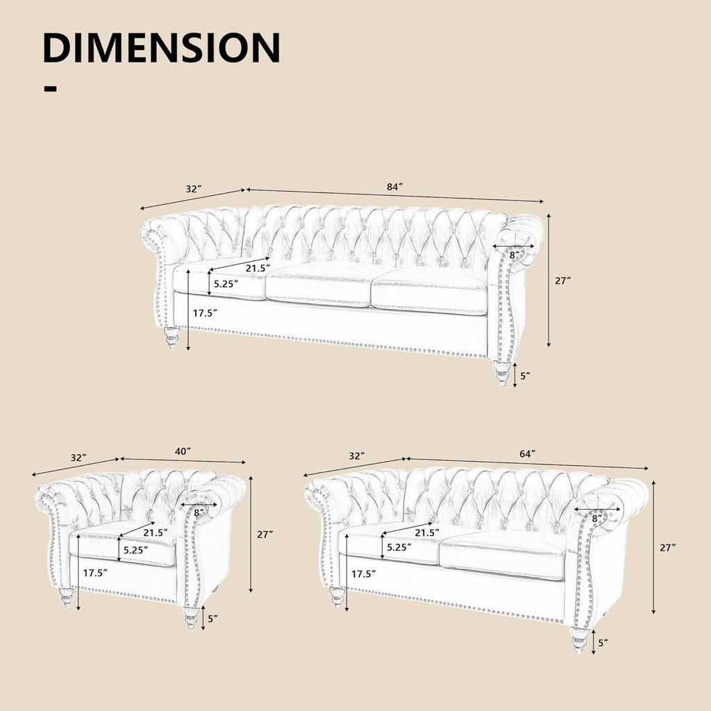 3-Piece Living Room Sectional Sofa Set, Upholstered Sofa Modern Sofa Couches Set Style Button Tufted, PU Chesterfield Sofa for Living Room Apartment, 1+2+3 Seat PU Black