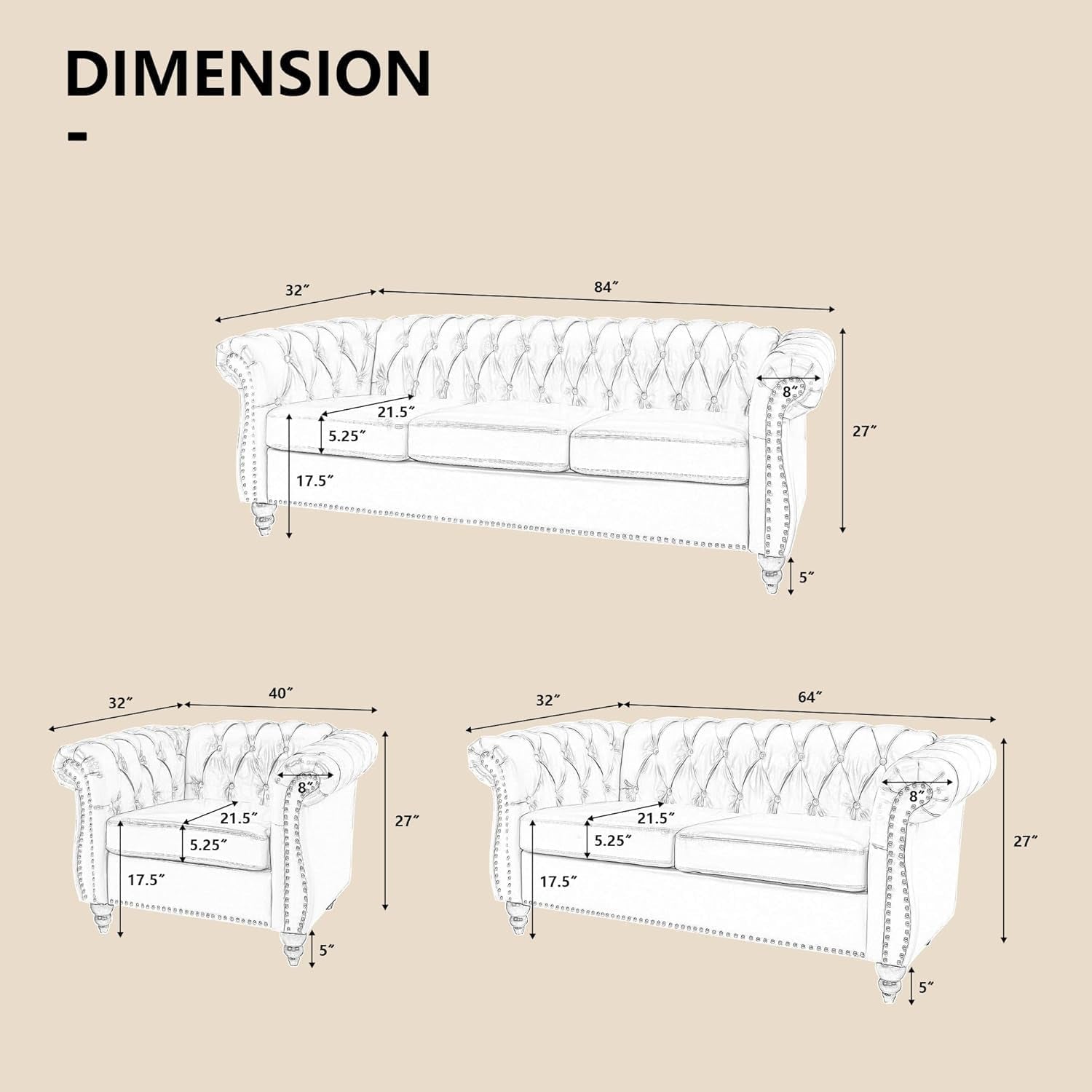 3-Piece Living Room Sectional Sofa Set, Upholstered Sofa Modern Sofa Couches Set Style Button Tufted, PU Chesterfield Sofa for Living Room Apartment, 1+2+3 Seat PU Black
