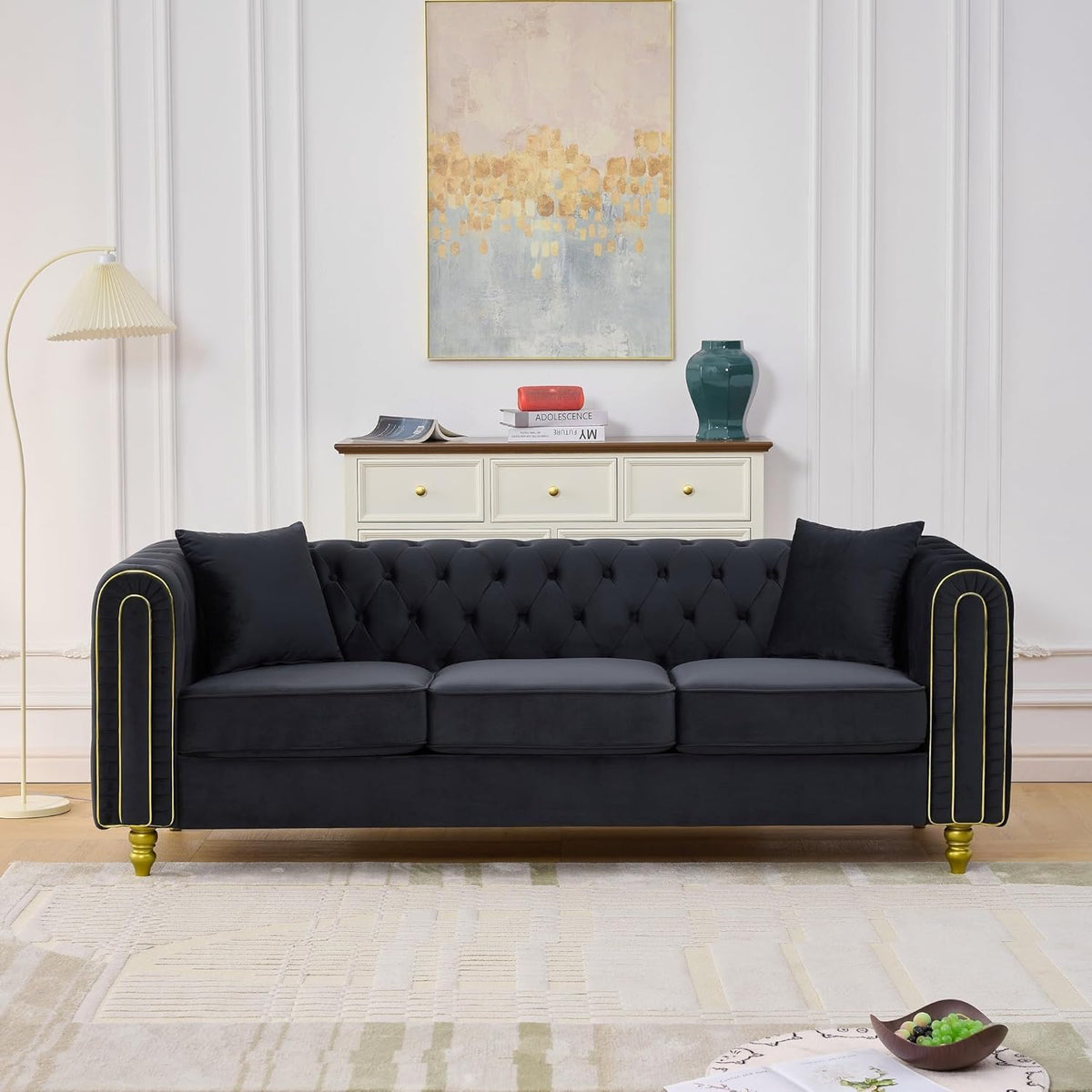 Velvet Chesterfield Button Tufted Sofa Set, 2 Pcs Modern 3 Seater Couch with Golden Legs & High-Density Cushion, Upholstered Comfy Sofa with Pillows for Living Room, Black