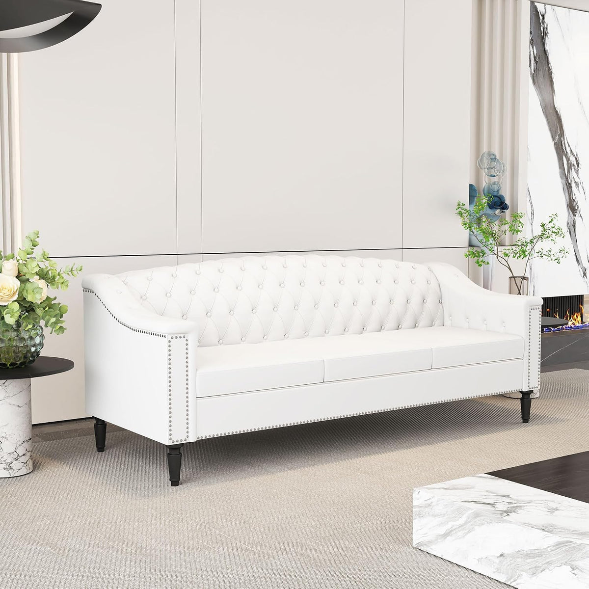 3-Piece Living Room Sofa Set, Chesterfield Sofa Mid-Century Modern Velvet Sofa, Upholstered Couch with Nailhead Trim and Button Tufted for Living Room, Office, Bedroom (1+2+3 Seat White)