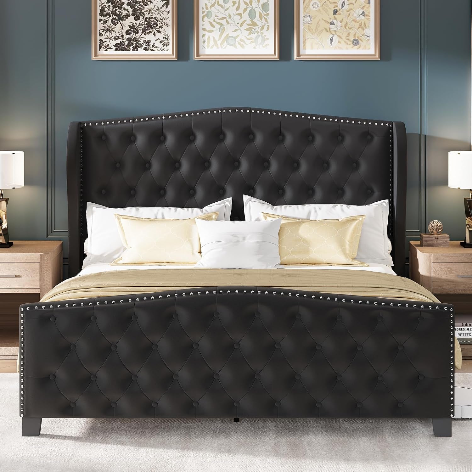 Queen Size Bed Frame Velvet Upholstered Platform Bed with Wingback Headboard & Footbaord, Deep Button Tufted Bed Frame with Wood Slats Support, No Box Spring Needed, Black