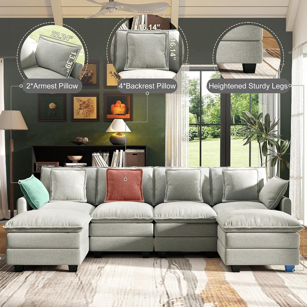 107" Cloud Couch Sectional Modular Sofa, Deep Seat Couches with Ottoman and Removable Washable Pillows for Living Room, Bedroom, Apartment, Light Grey