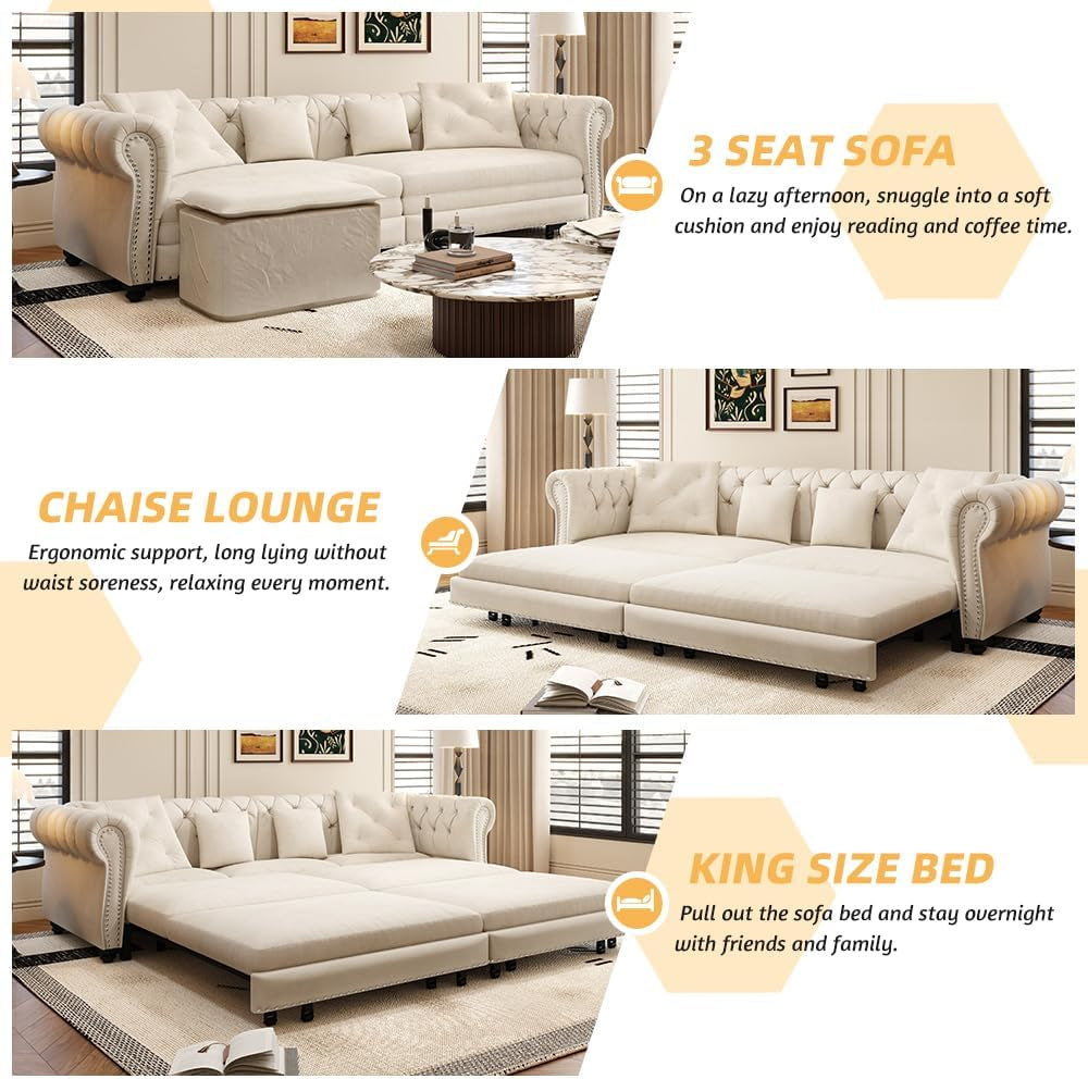 89" King Size Sleeper Sofa Bed, 3-In-1 Convertible Pull Out Chesterfield Sleeper Couch with Ottoman, Oversized Velvet Button Tufted L Shaped Sofa for Living Room Small Spaces, Beige White