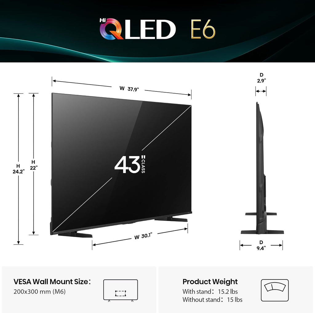 43" E6 Cinema Series Hi-Qled 4K UHD Smart Fire TV (43E6QF) - AI Light Sensor, Dolby Vision · Atmos, Voice Remote with Alexa, Motion Rate 120, HDR 10+ Adaptive, Game Mode Plus