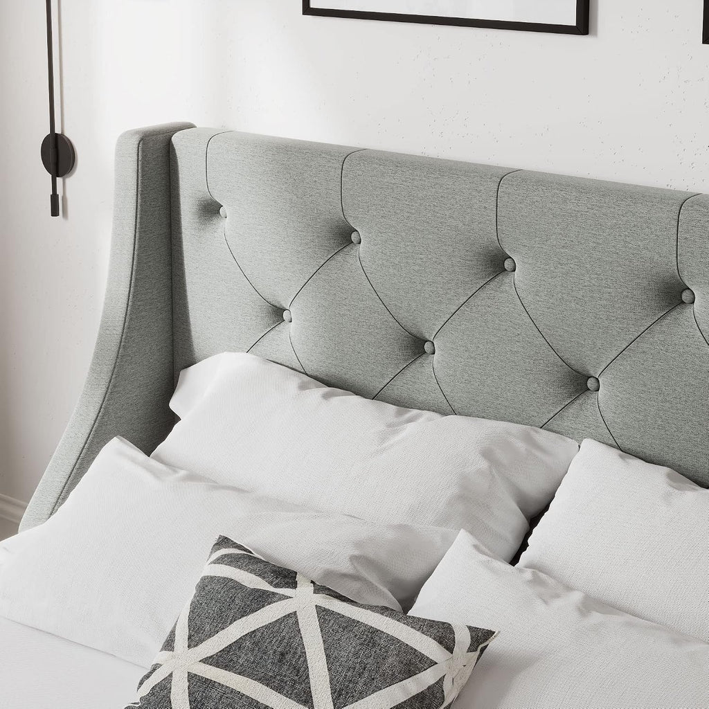 Queen Bed Frame with 4 Storage Drawers and Wingback Headboard, Button Tufted Design, No Box Spring Needed, Light Grey