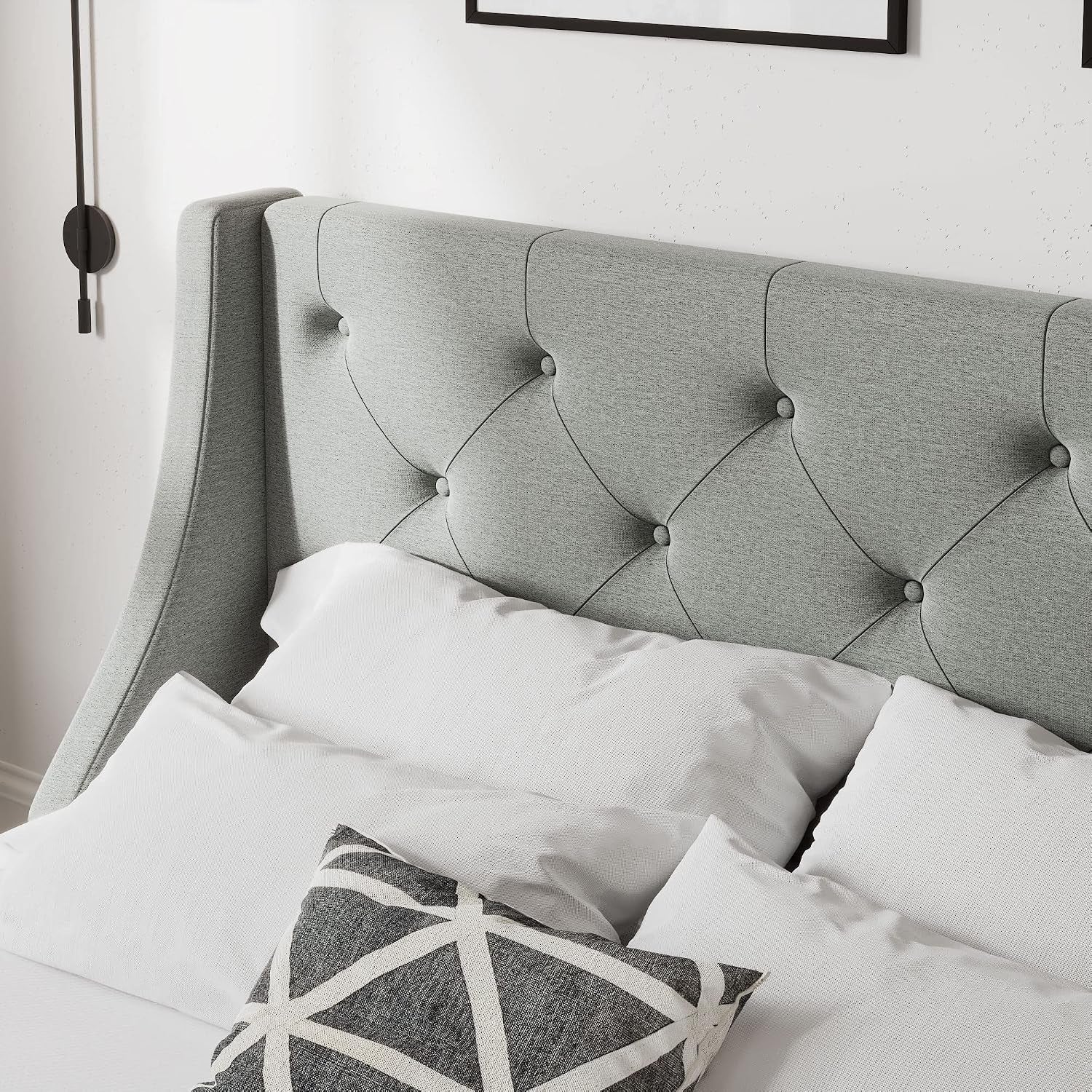 Queen Bed Frame with 4 Storage Drawers and Wingback Headboard, Button Tufted Design, No Box Spring Needed, Light Grey