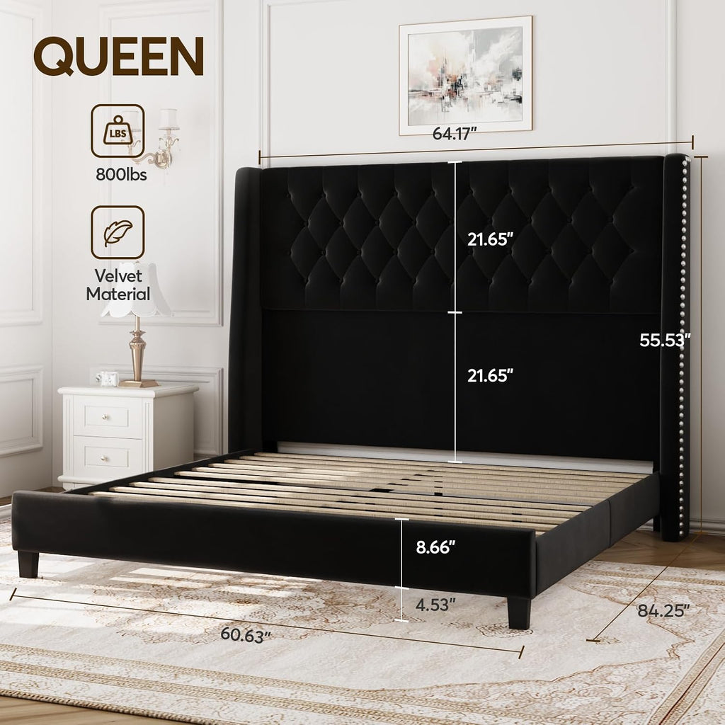 Queen Upholstered Bed Frame, 55.4'' Tall Headboard with Wingback
