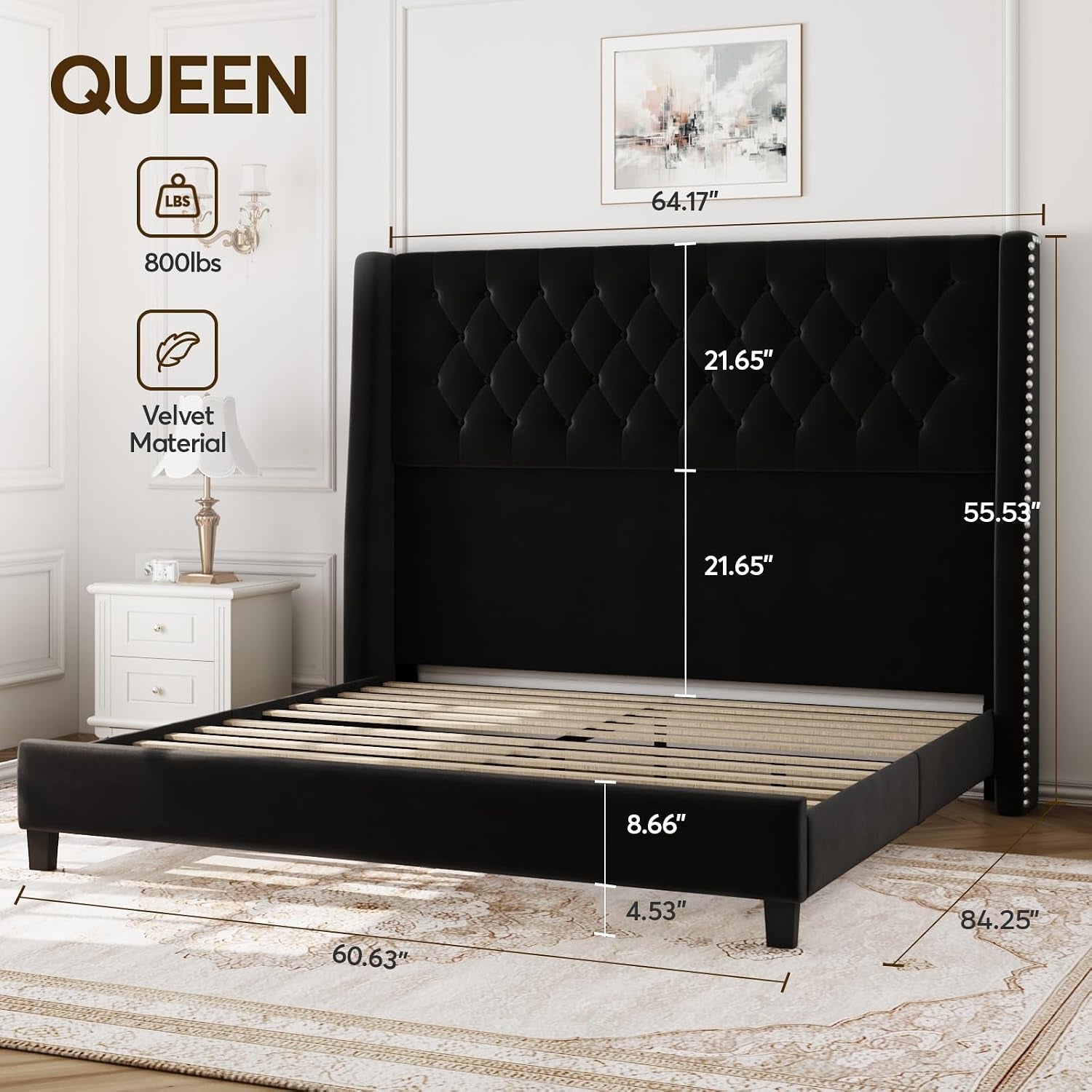 Queen Upholstered Bed Frame, 55.4'' Tall Headboard with Wingback