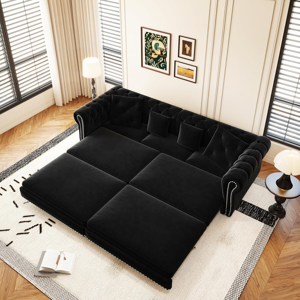 89" King Size Sleeper Sofa Bed, 3-In-1 Convertible Pull Out Chesterfield Sleeper Couch with Ottoman, Oversized Velvet Button Tufted L Shaped Sofa for Living Room Small Spaces (Black)