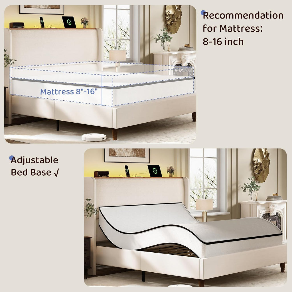 Queen Size Bed Frame with 51.2" Tall Headboard Wingback Linen Upholstered Platform Bed Frame with LED Lights and Charging Station, Storage Shelf, No Box Spring Needed, Noise-Free, Beige