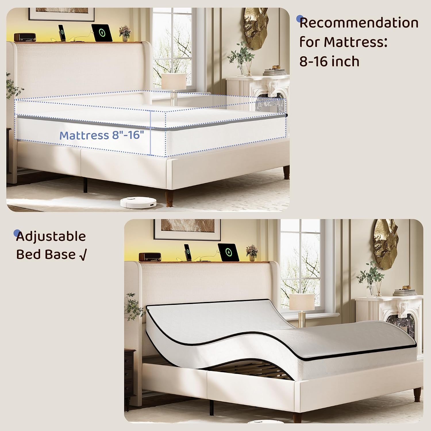 Queen Size Bed Frame with 51.2" Tall Headboard Wingback Linen Upholstered Platform Bed Frame with LED Lights and Charging Station, Storage Shelf, No Box Spring Needed, Noise-Free, Beige
