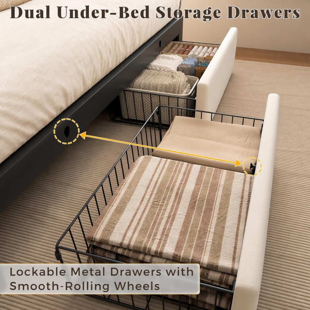 Queen Bed Frame with 2 Storage Drawers, Beige Velvet Upholstered
