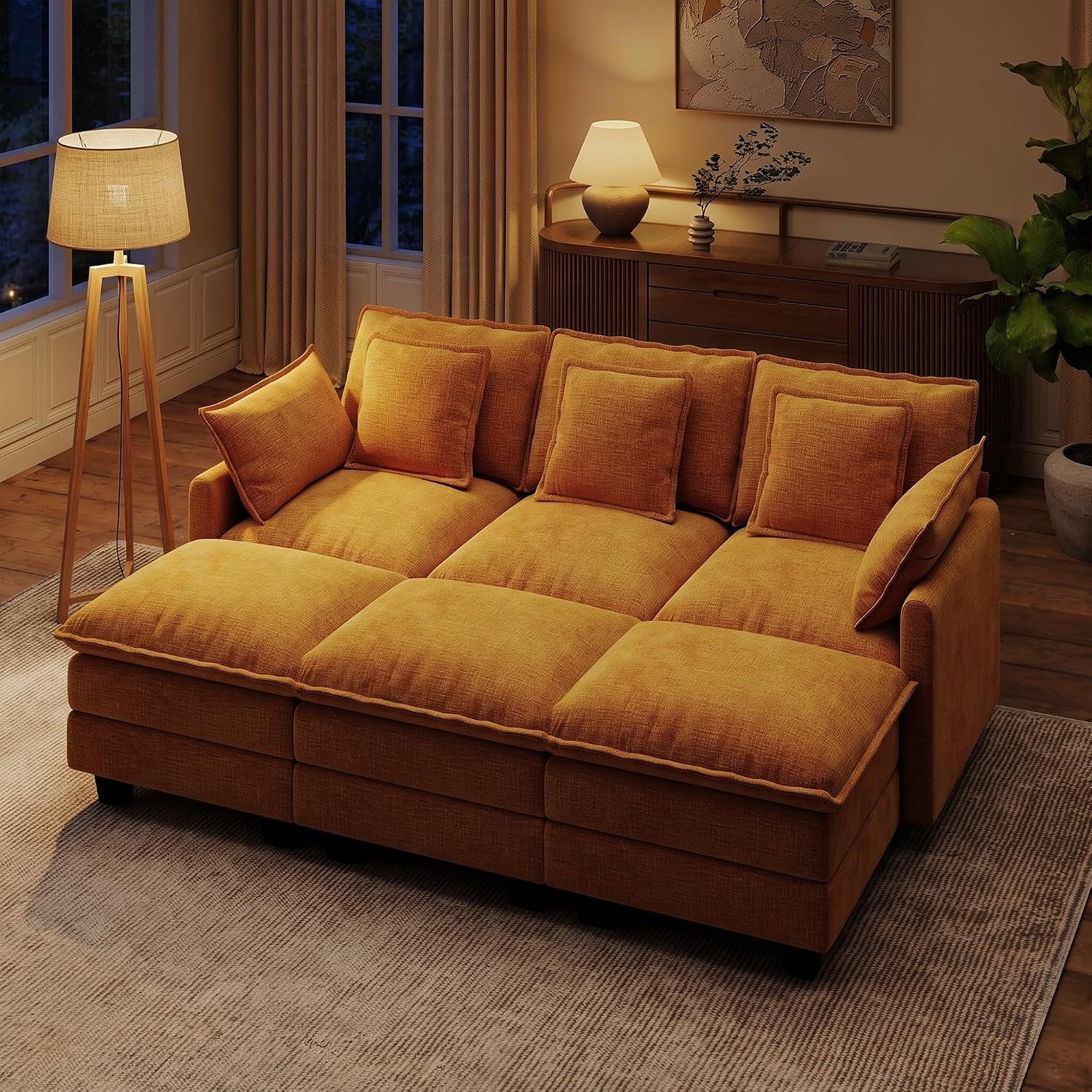 107" Modular Sectional Cloud Sofa, U Shaped 6 Seat Chenille Couch with Movable Ottomans and 48" Deep Seat, Convertible Couches for Living Room, Orange