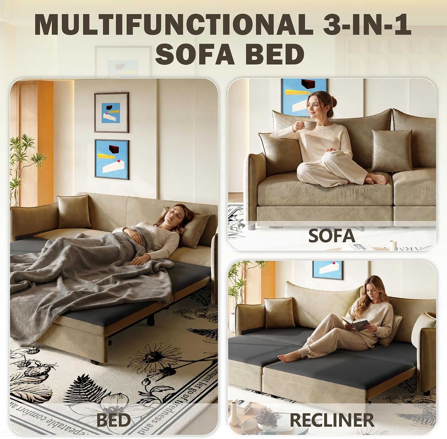 81.9" King Pull-Out Sofa Bed, 3-In-1 Convertible Sleeper Couch with Modern Velvet Fabric & Gold Accents, Space-Saving 3-Seater Sofa Bed for Apartments, Living Rooms & Small Space Modern Living