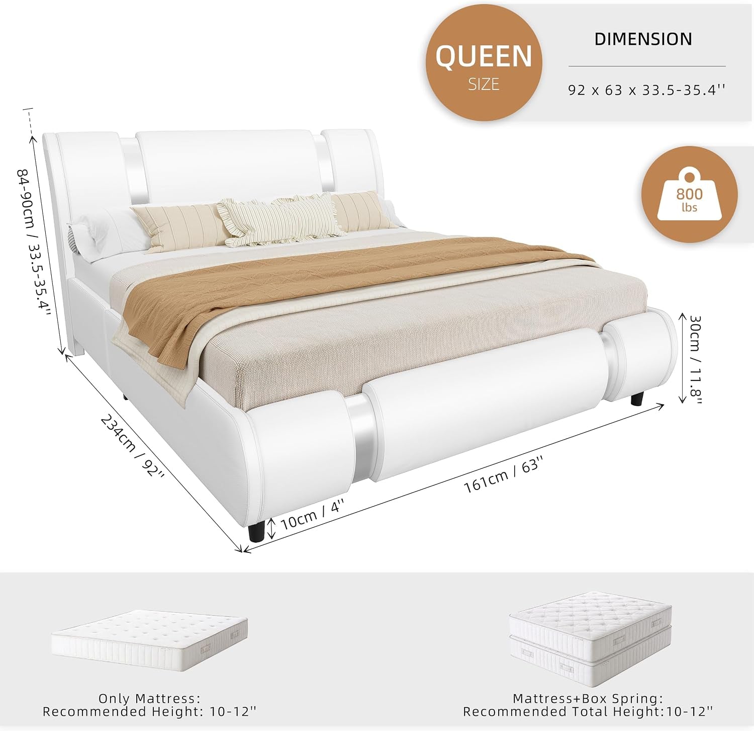 Modern Queen Size Bed Frame with Mirror Metal Decoration, Faux Leather Upholstered Platform Bed with Curved Headboard, Wooden Slats Support, No Box Spring Needed, White