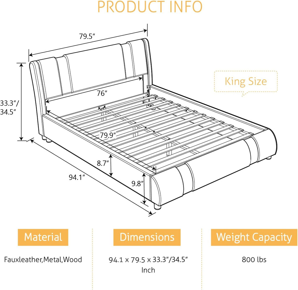 King Bed Frame with Iron Pieces Decor, Faux Leather, Black