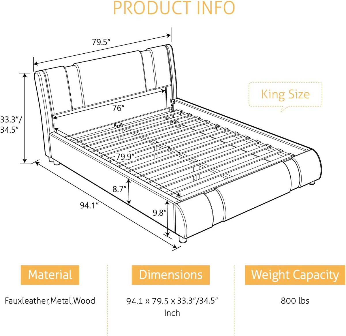 King Bed Frame with Iron Pieces Decor, Faux Leather, Black