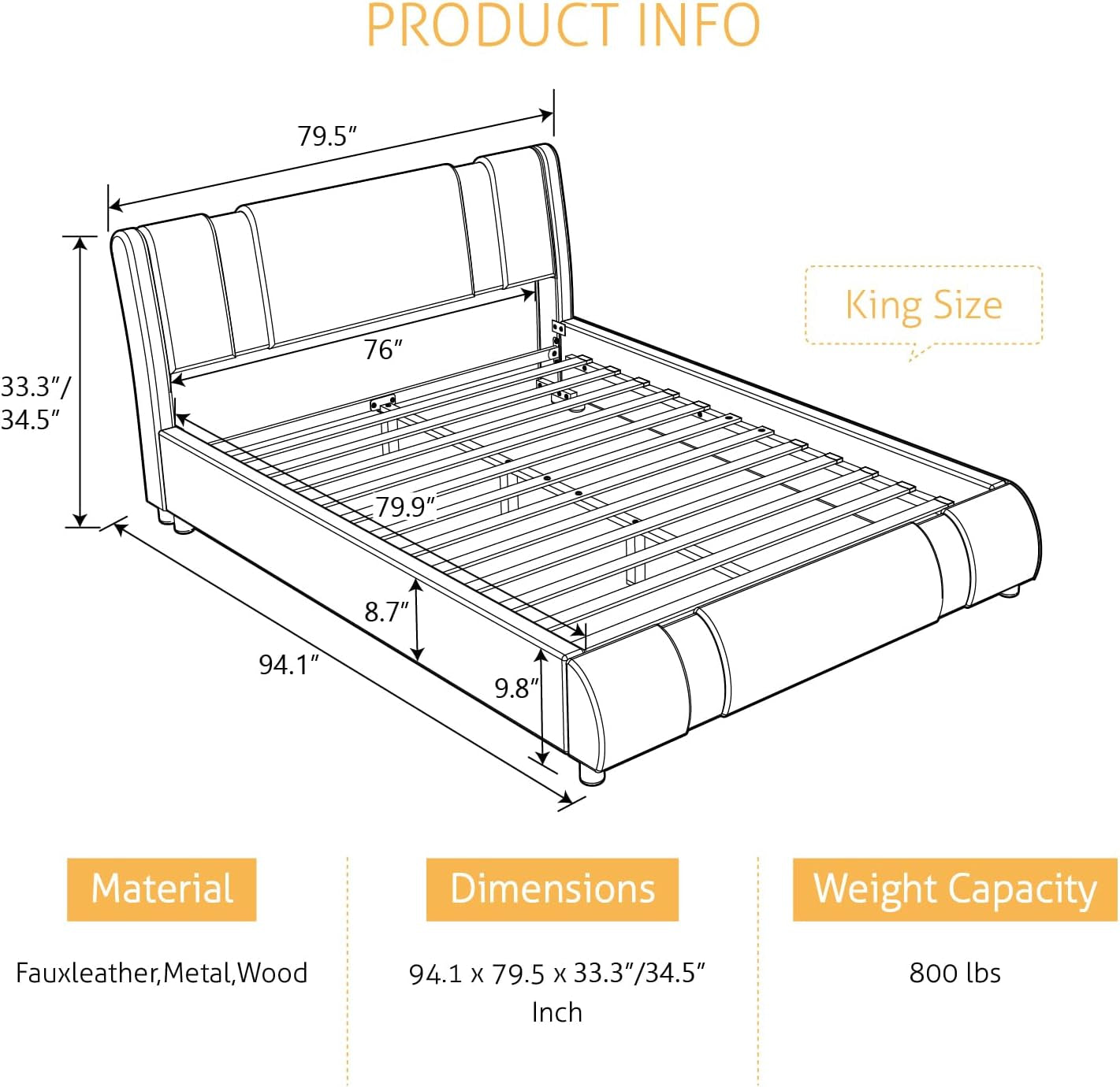 King Bed Frame with Iron Pieces Decor, Faux Leather, White