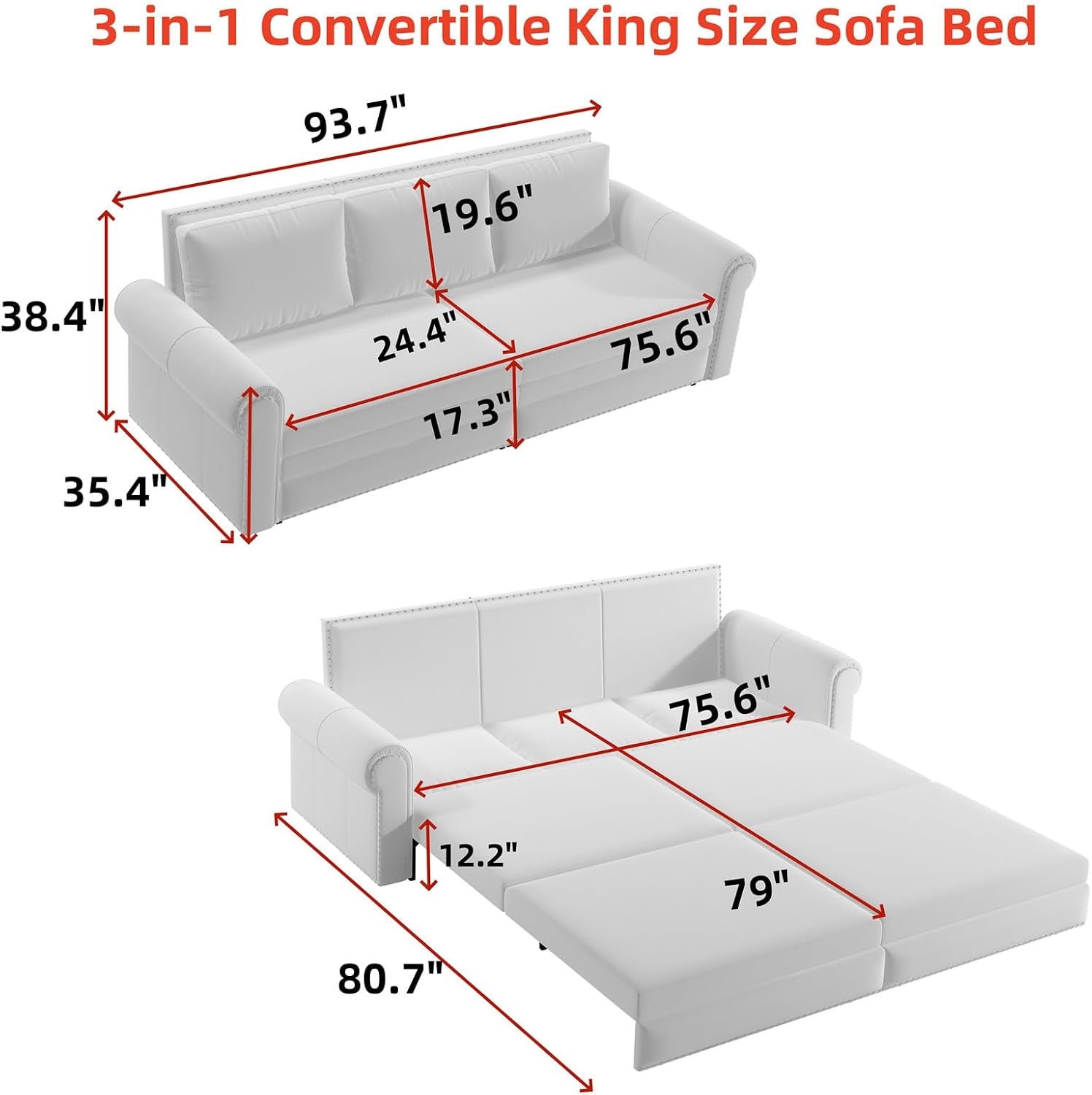 3 in 1 Convertible Sleeper Sofa Bed, 93.7" King Size Sofa Sleeper with Pull Out Bed, Velvet Folding Loveseat Sofa 3-Seater with Deep Seat, Nailhead Trim & Rolled Arm for Living Room (Beige)