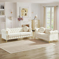 2 Pieces Chesterfield Sofa Set, Velvet Mid Century Modern Couch with Button Tufted & Rivet, Comfy Loveseat Sofa with Armrest Ring & Gold Leg, Cloud 3-Seater Couch for Living Room(60.5"W + 82"W, Beige)