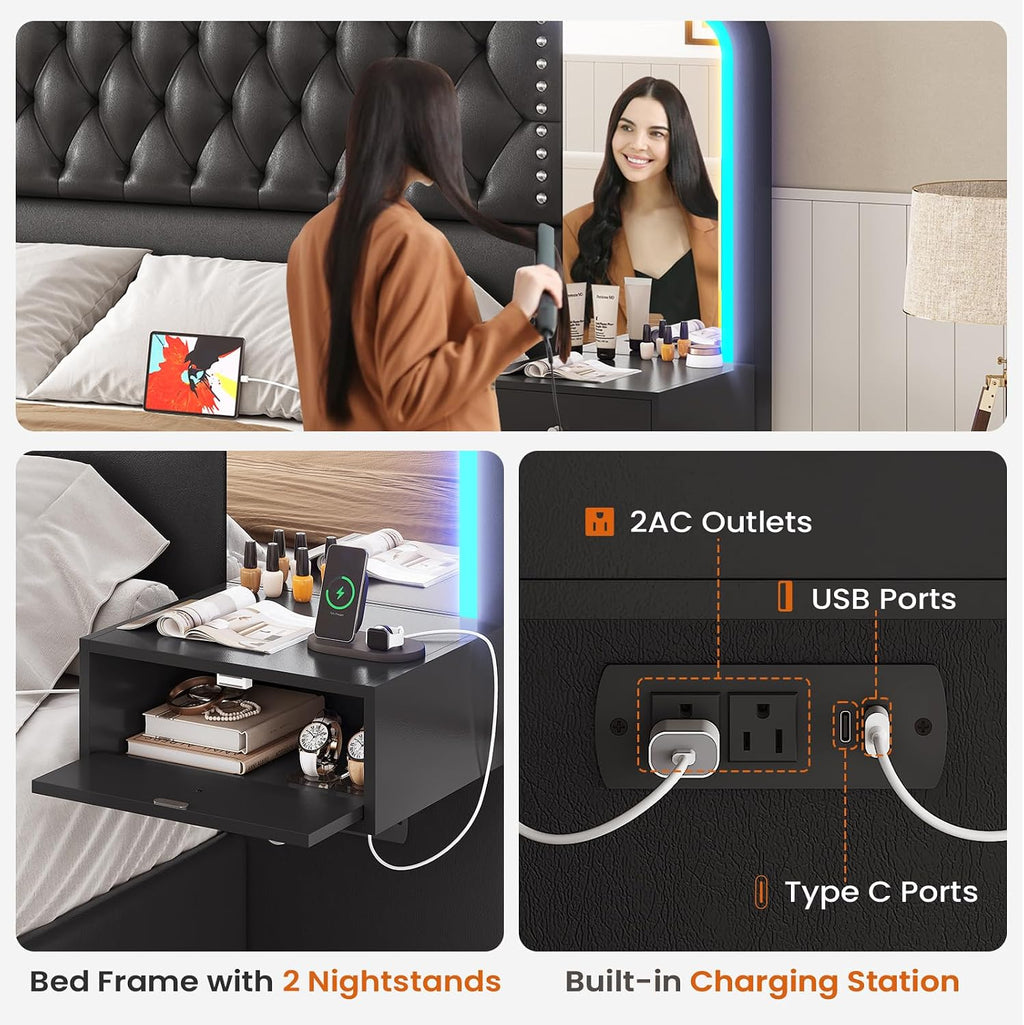 Queen Bed Frame with 53" Tall Headboard and 4 Storage Drawers, PU Leather Upholstered Platform Bed Frame, Built in Charging Station & Led, 2 Nightstands with Mirror, Black
