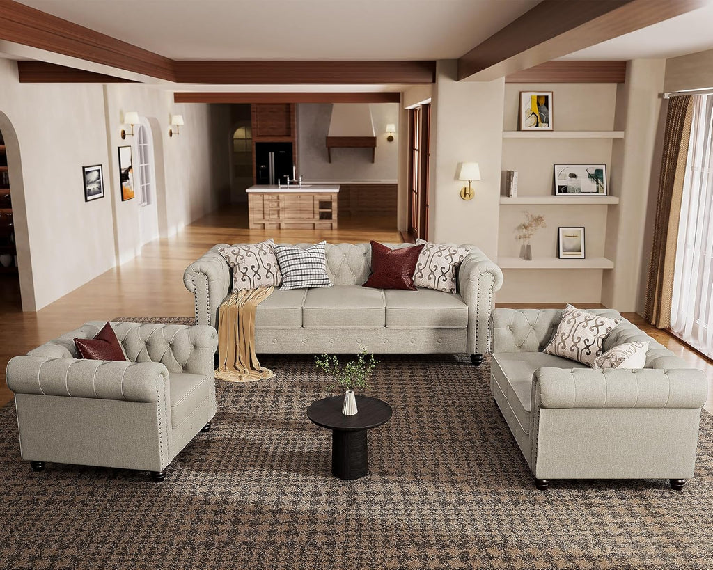 2 Piece Classic Chesterfield 5-Seater Set, Tufted Loveseat & Sofa Furniture Solid Wood Legs Thick Cushion, Pet-Friendly Couch Set for Living Room Bedroom Apartment, Linen Beige