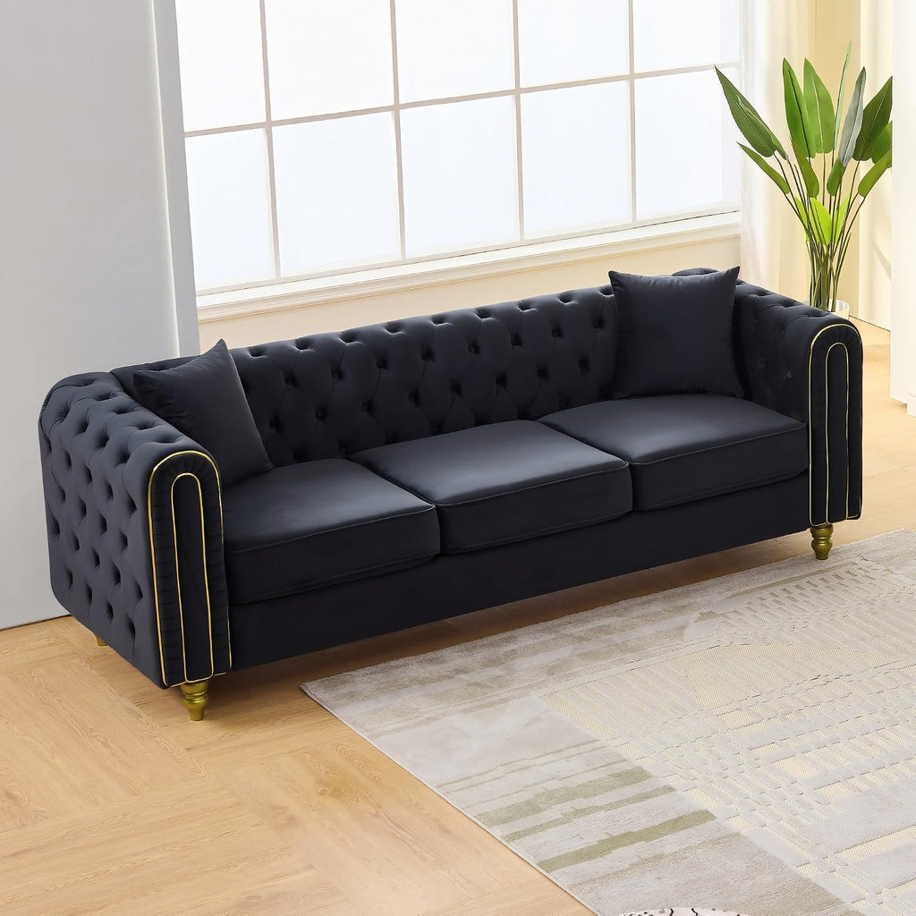 Velvet Chesterfield Button Tufted Sofa Set, 2 Pcs Modern 3 Seater Couch with Golden Legs & High-Density Cushion, Upholstered Comfy Sofa with Pillows for Living Room, Black