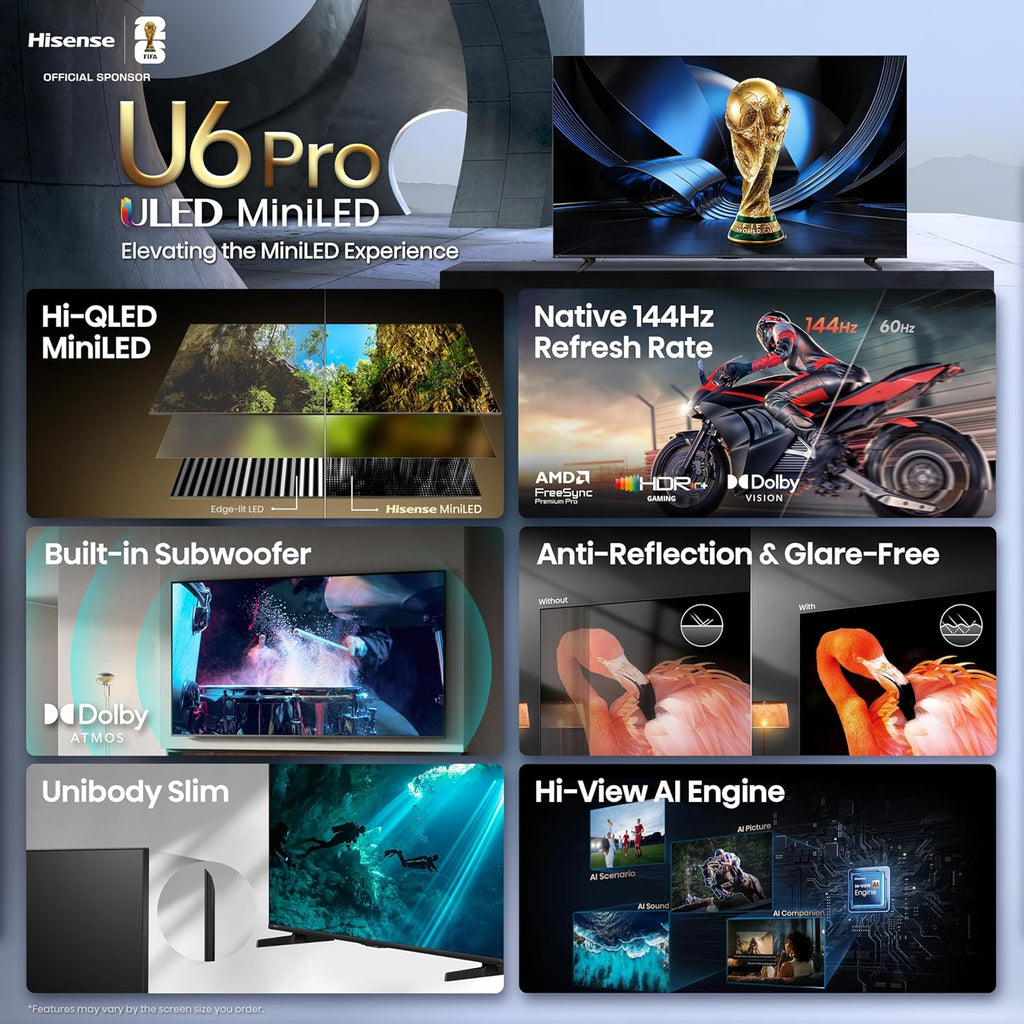 55" U6 Pro Series Mini‑Led ULED 4K UHD HDR Gaming AI Smart Fire TV (55U6SF Pro, 2026 New) – Hi-Qled, Native 144Hz, Motion Rate 480, Dolby Vision IQ,· Atmos, HDR10+, Glare-Free, Alexa+