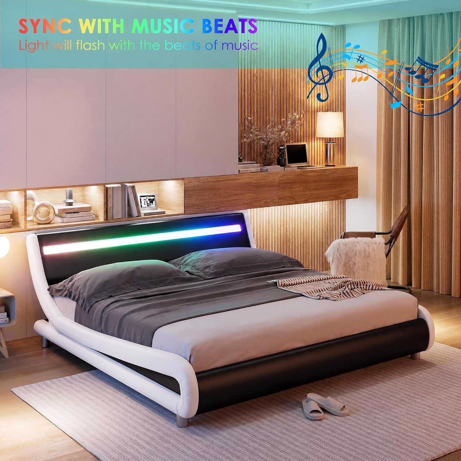 Upholstered Queen LED Bed Frame with Headboard, Modern Low Profile Platform Bed with Strong Slats Support, Faux Leather Wave-Like Bed Frame, Easy Assembly, No Box Spring Needed, Blackwhite