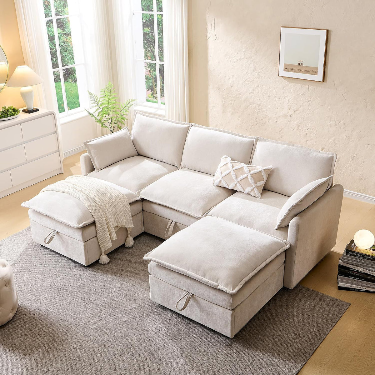 85.83" Modular Sectional Cloud Couches for Living Room, Modern Sectional Sofa with Storage Ottoman, U-Shape 5 Seat Chenille Cloud Sofa with Pillows for Bedroom and Apartment, Beige