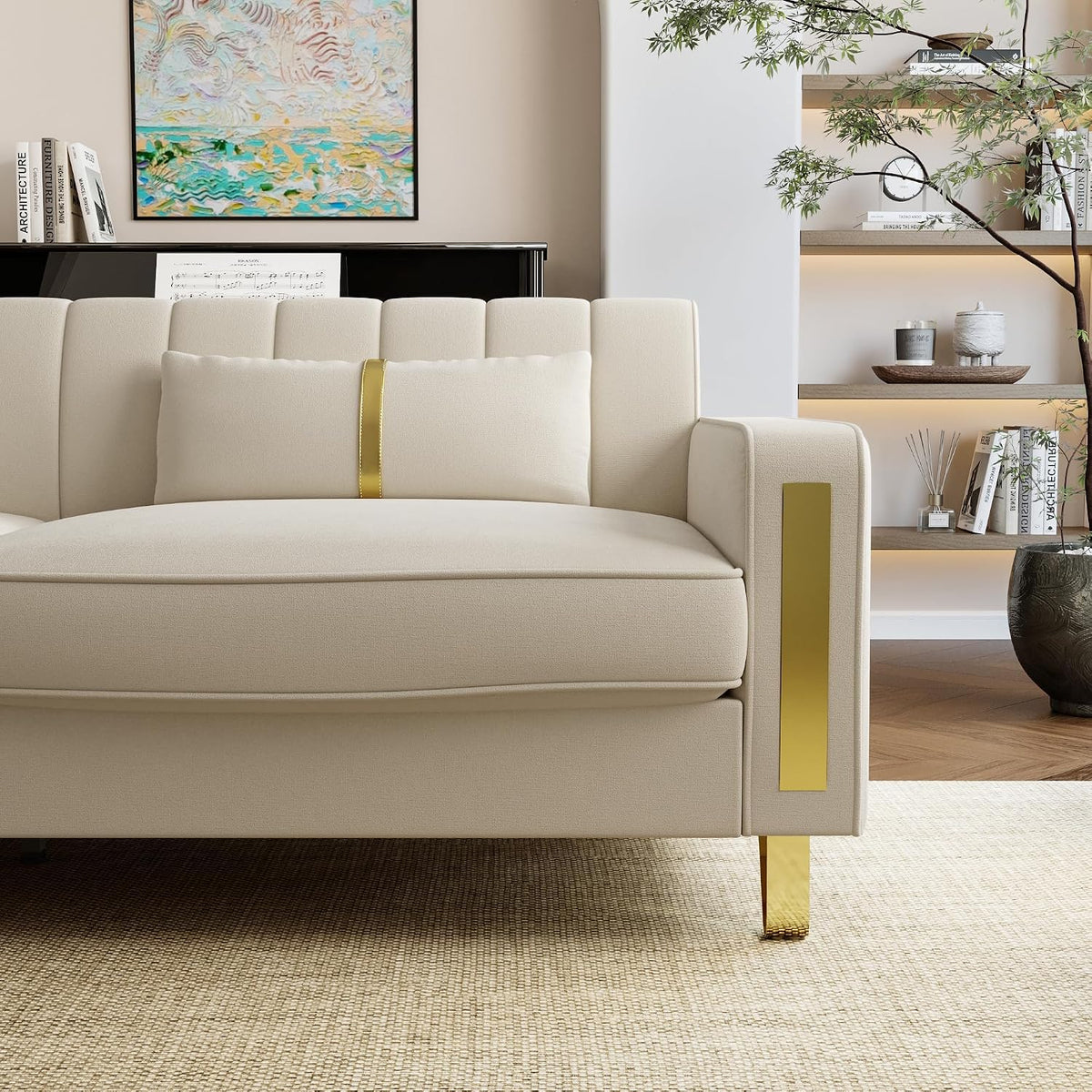 2-Piece Loveseat Couch Set for Living Room, 86" Beige 3-Seater Velvet Sofa Couch with 4 Pillows & Gold Metal Legs, Modern Upholstered Sofa Set Love Seat Sectional Couches for Apartment Home Office