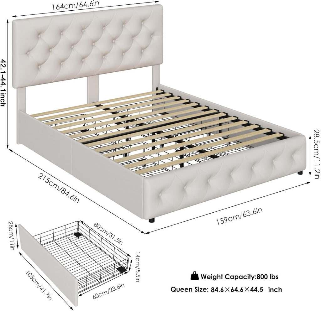 Queen Bed Frame with 4 Storage Drawers and Adjustable Headboard, Upholstered Platform Bed with Button Tufted Design, Strong Wooden Slats Support, No Box Spring Needed, Fabric, Cream