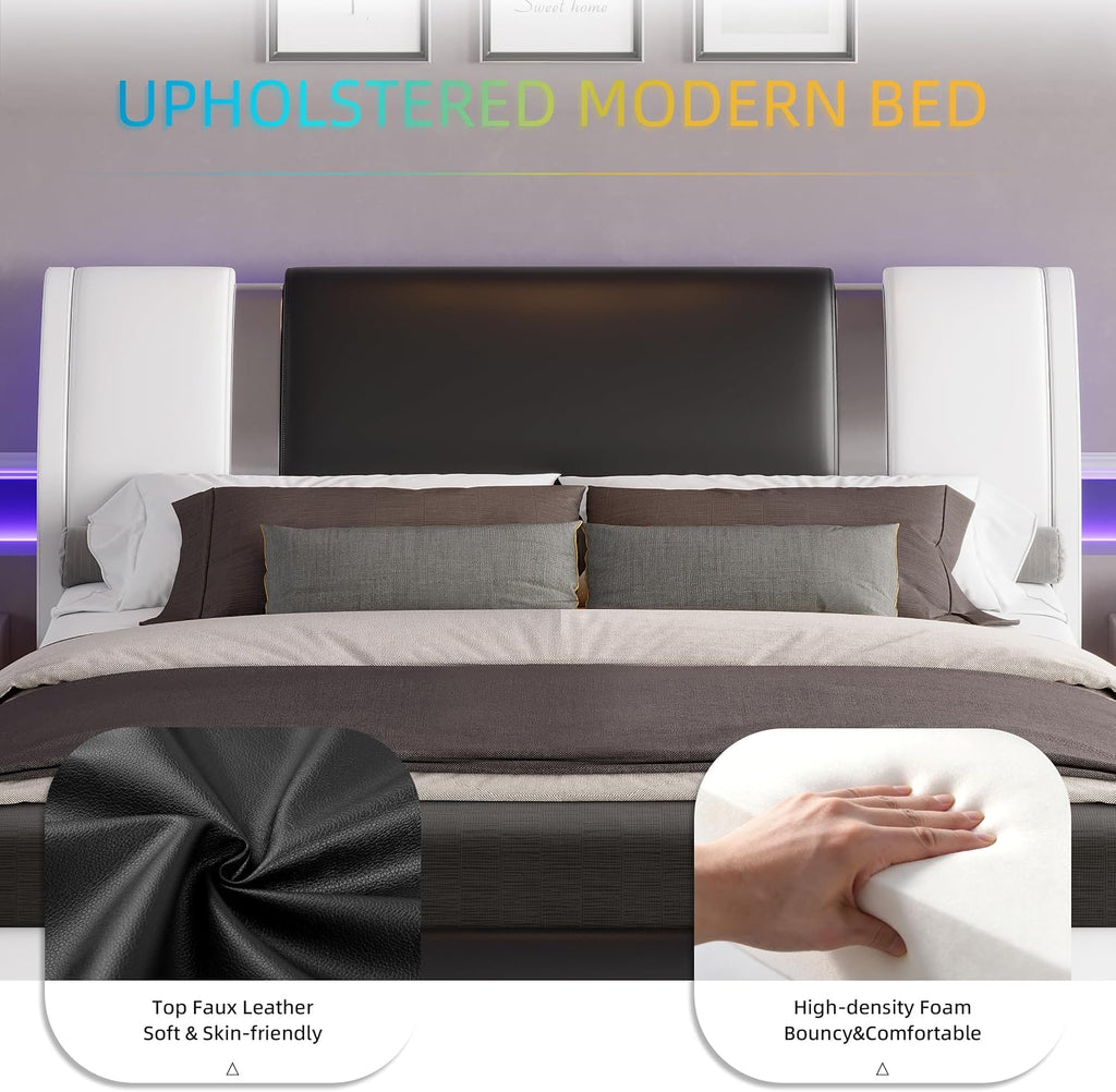Modern Queen Size Bed Frame with Mirror Metal Decoration, Faux Leather Upholstered Platform Bed with Curved Headboard, Wooden Slats Support, No Box Spring Needed, Whiteblack