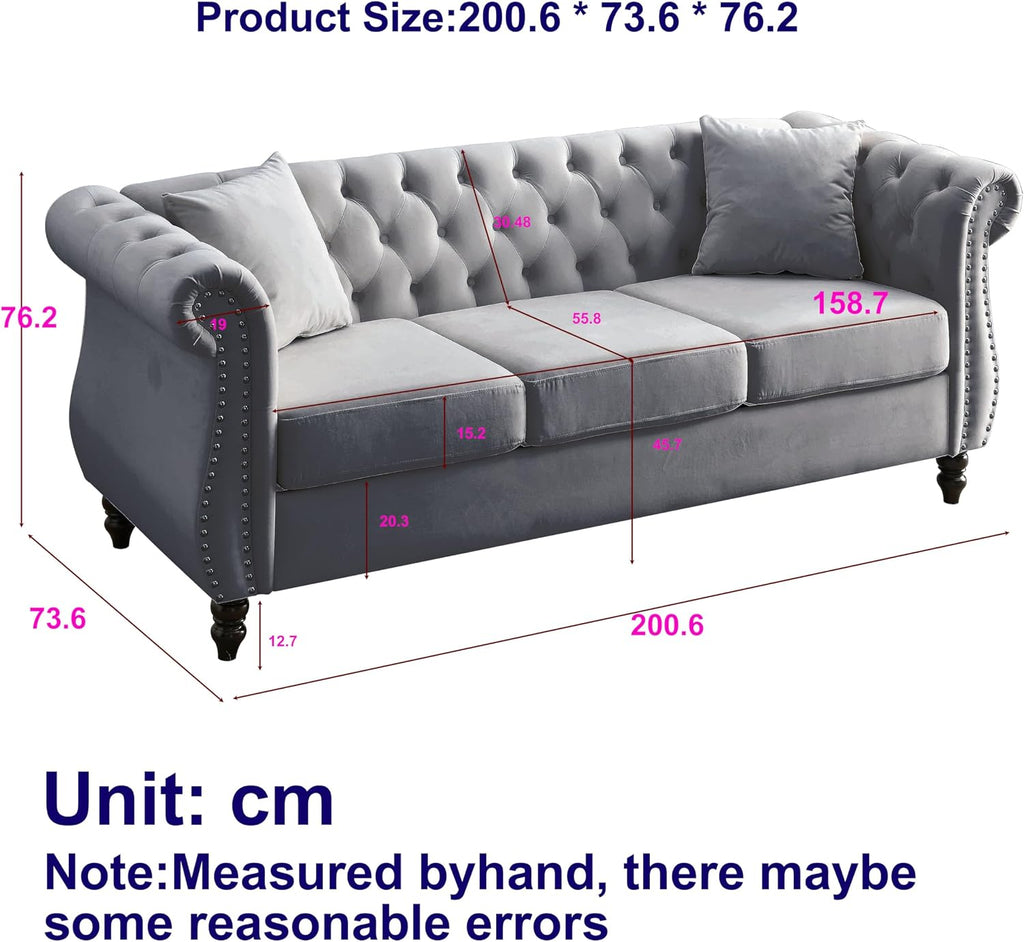 80" 2 Piece 3-Seater Velvet Chesterfield Sofa for Living Room,Combination Sofa with 4 Pillows,Button Tufted Trimming Curved Backrest Rolled Arms with Black Legs (Grey, 80" 3+3 Seat Velvet Sofa Sets)