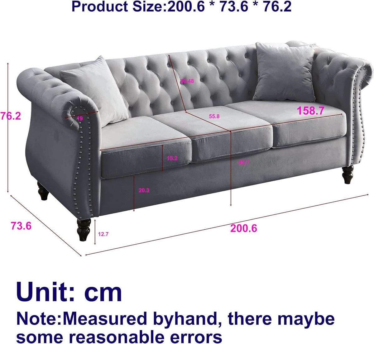 80" 2 Piece 3-Seater Velvet Chesterfield Sofa for Living Room,Combination Sofa with 4 Pillows,Button Tufted Trimming Curved Backrest Rolled Arms with Black Legs (Grey, 80" 3+3 Seat Velvet Sofa Sets)