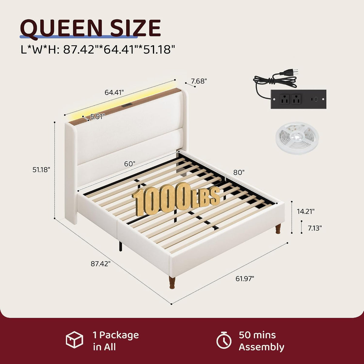 Queen Size Bed Frame with 51.2" Tall Headboard Wingback Linen Upholstered Platform Bed Frame with LED Lights and Charging Station, Storage Shelf, No Box Spring Needed, Noise-Free, Beige