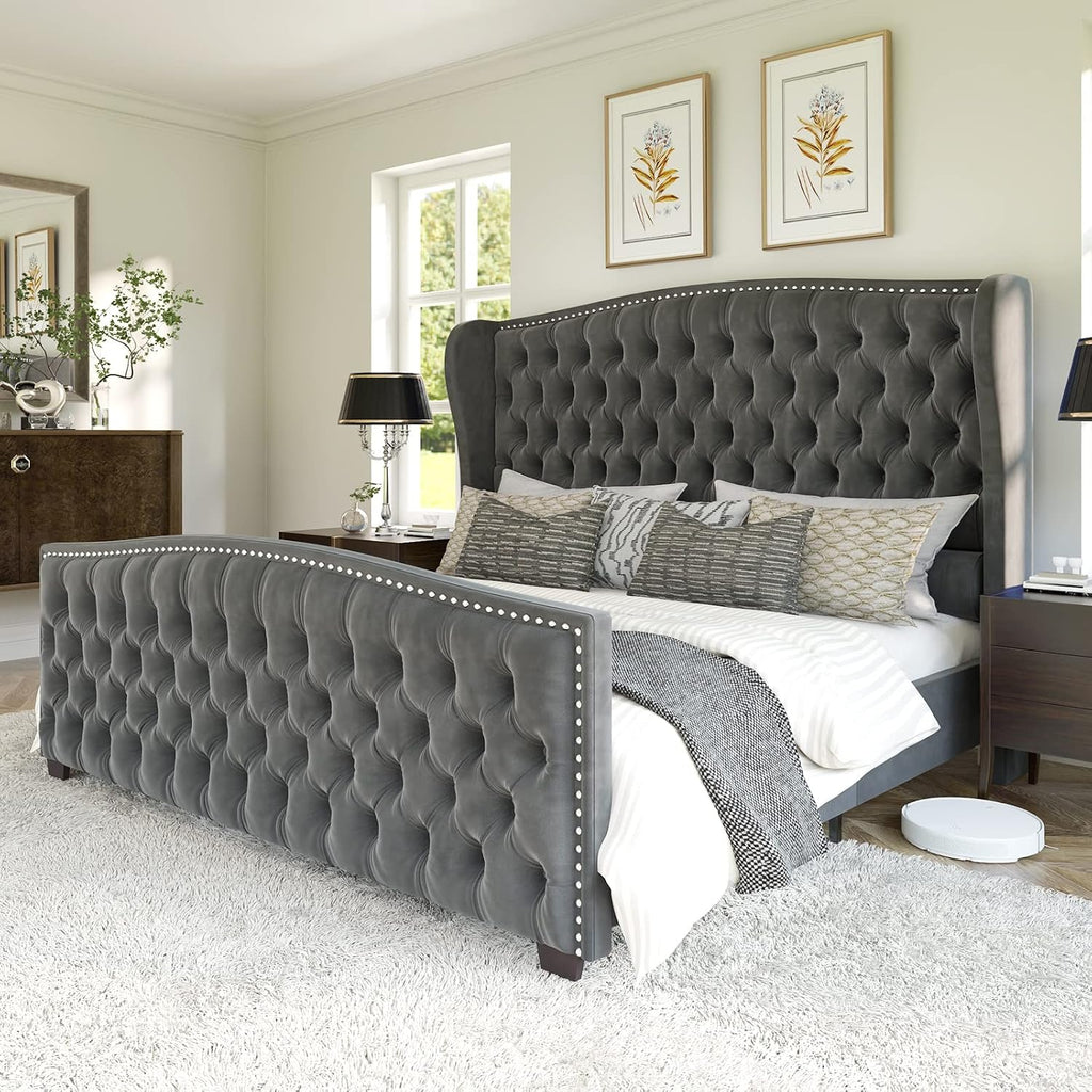 Queen Size Bed Frame with Velvet Upholstered Wingback Headboard