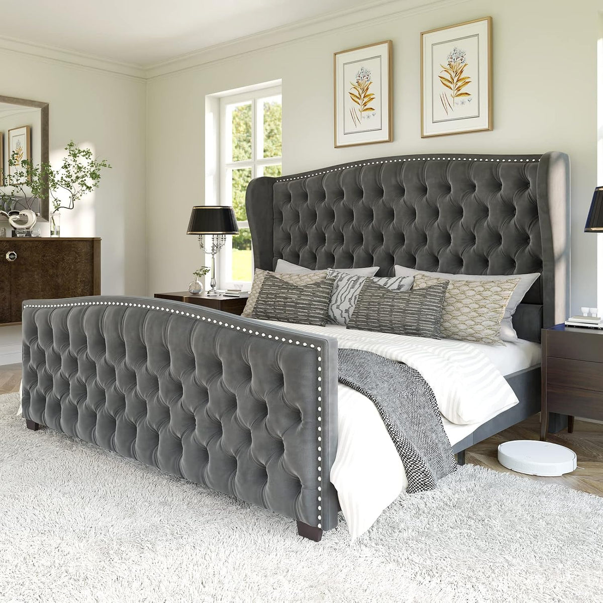 Queen Size Bed Frame with Velvet Upholstered Wingback Headboard