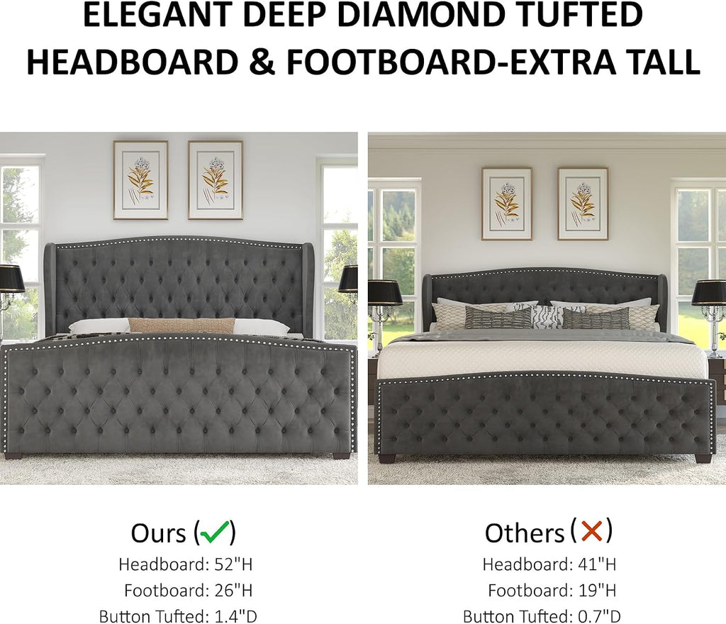 Queen Size Bed Frame with Velvet Upholstered Wingback Headboard