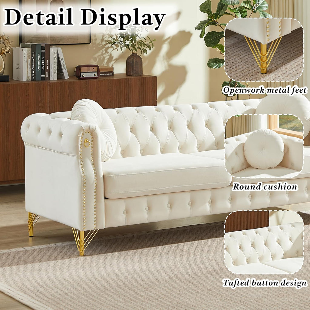 2 Pieces Velvet Chesterfield 82" 3-Seater and 61" Loveseat Sofa Sets with Two Pillows, Featuring Copper Stud Detailing (Beige, 2 Pieces 82" 3-Seater and 61" Loveseat Sofa Sets)