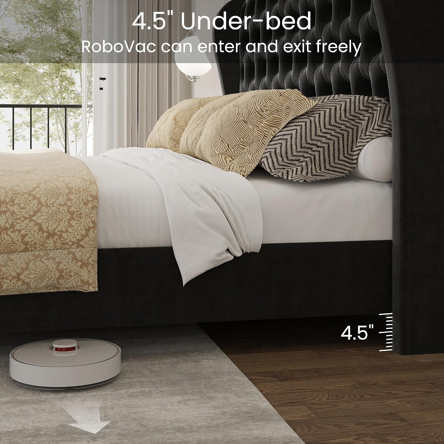 Queen Size Bed Frame Velvet Upholstered Platform Bed with Wingback Headboard & Footbaord, Deep Button Tufted Bed Frame with Wood Slats Support, No Box Spring Needed, Black