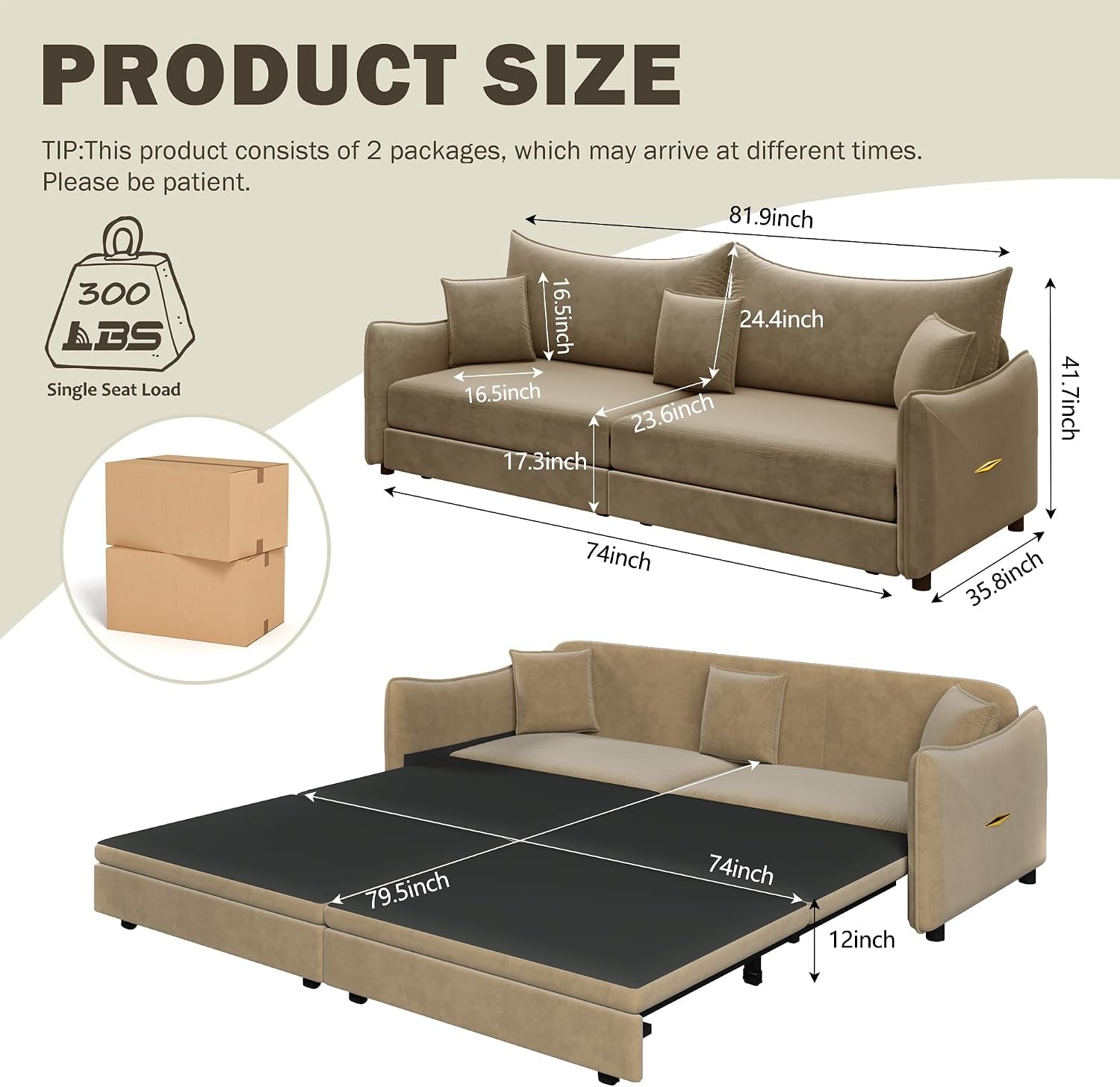 81.9" King Pull-Out Sofa Bed, 3-In-1 Convertible Sleeper Couch with Modern Velvet Fabric & Gold Accents, Space-Saving 3-Seater Sofa Bed for Apartments, Living Rooms & Small Space Modern Living