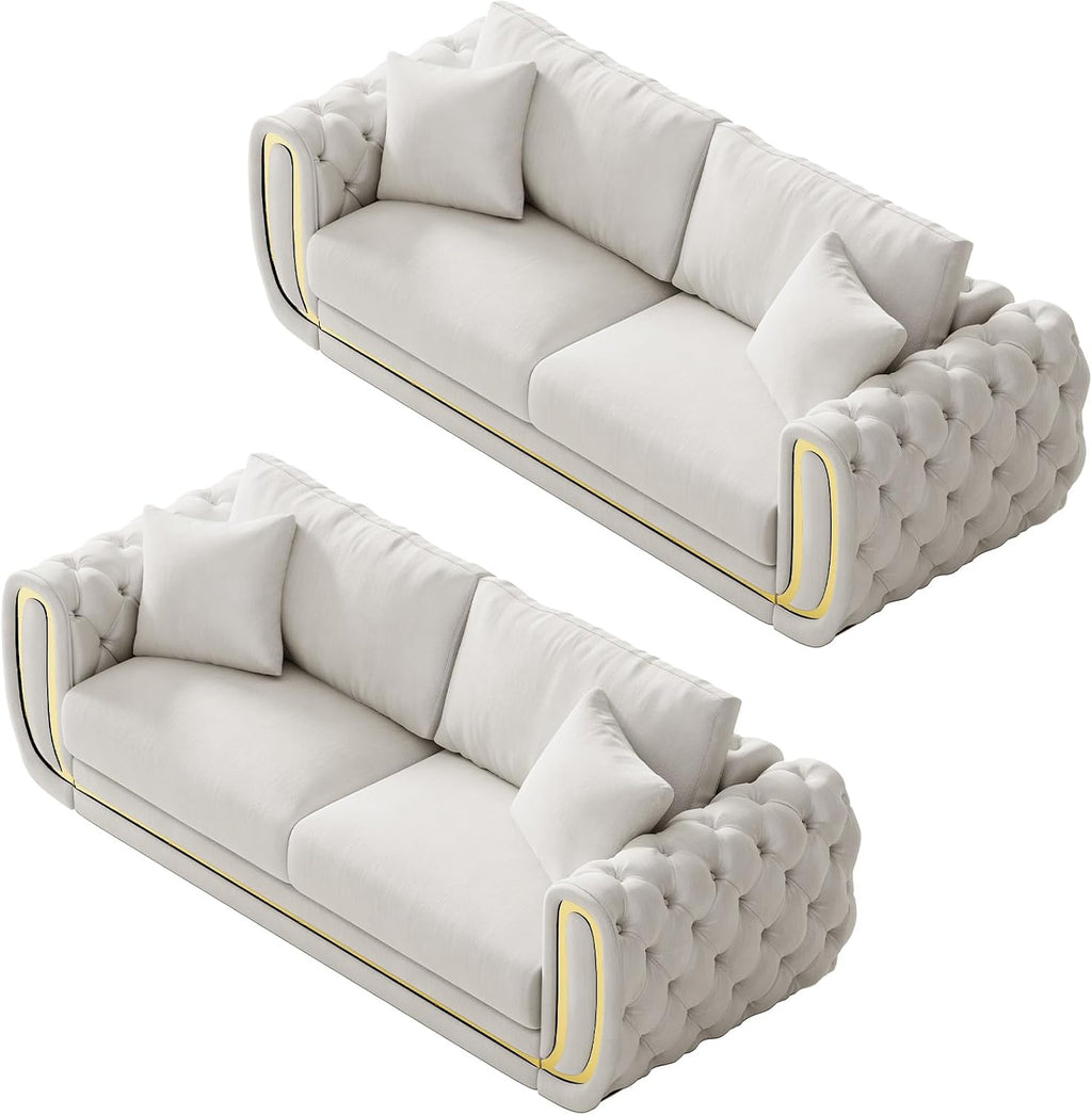 86"&86" Luxury Oversized Velvet Chesterfield Sofa Set,Beige and Gold Couch