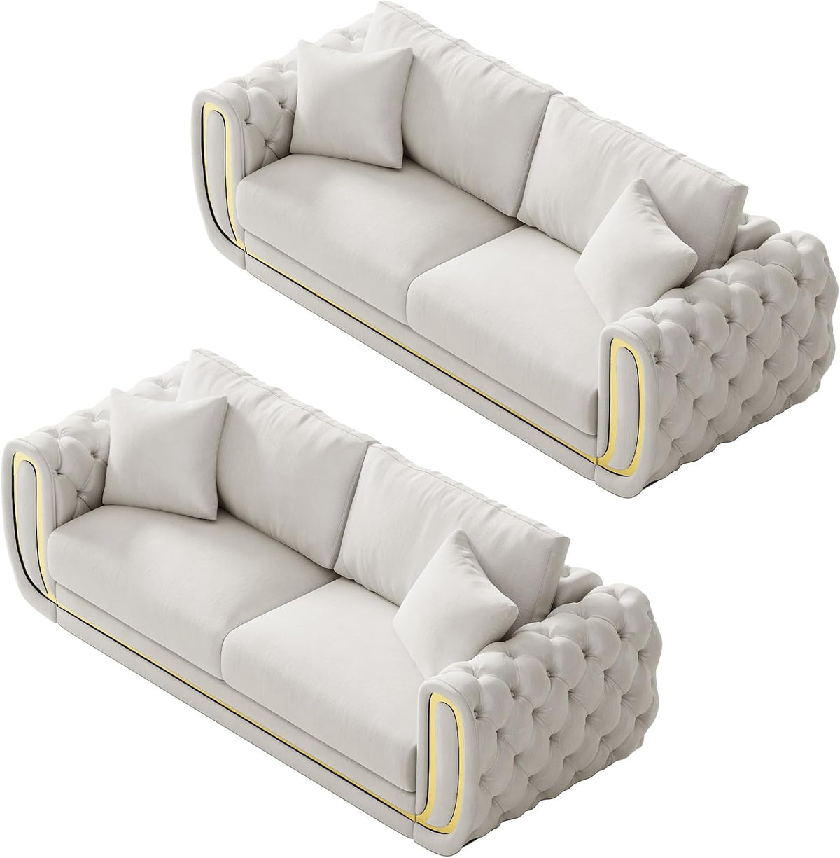 86"&86" Luxury Oversized Velvet Chesterfield Sofa Set,Beige and Gold Couch