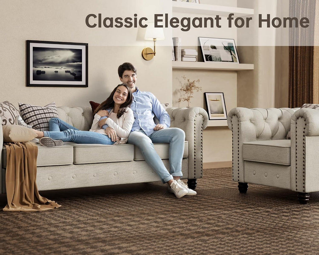 2 Piece Classic Chesterfield 5-Seater Set, Tufted Loveseat & Sofa Furniture Solid Wood Legs Thick Cushion, Pet-Friendly Couch Set for Living Room Bedroom Apartment, Linen Beige