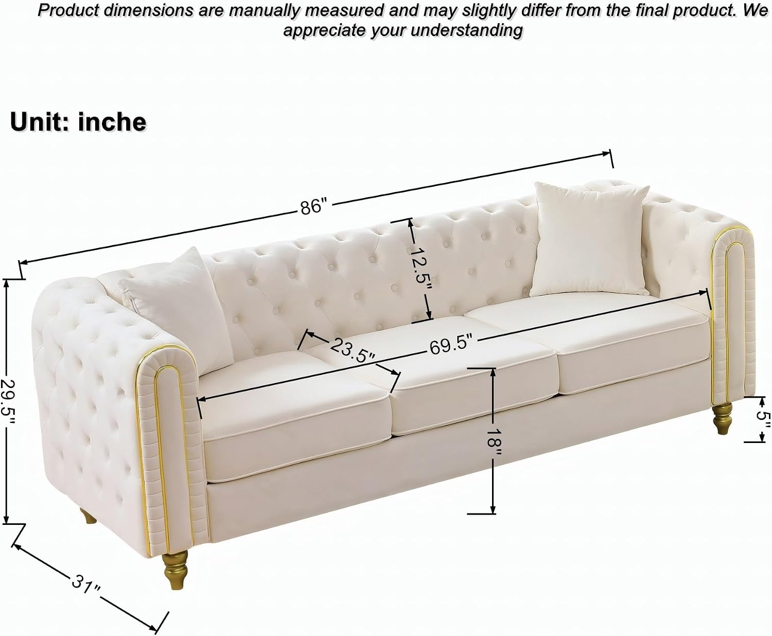 Velvet Chesterfield Button Tufted Sofa Set, 2 Pcs Modern 3 Seater Couch with Golden Legs & High-Density Cushion, Upholstered Comfy Sofa with Pillows for Living Room, Beige