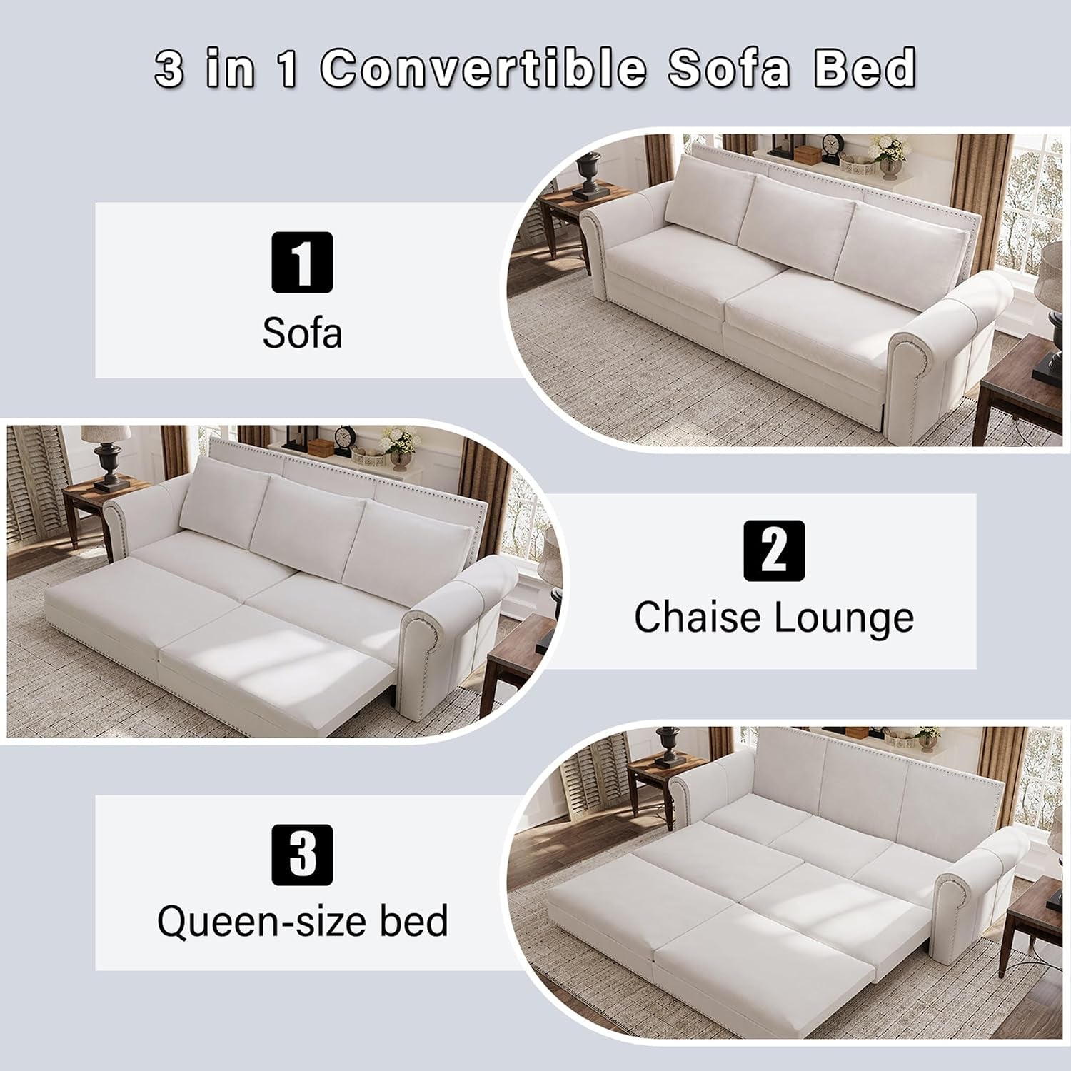 3 in 1 Convertible Sleeper Sofa Bed, 93.7" King Size Sofa Sleeper with Pull Out Bed, Velvet Folding Loveseat Sofa 3-Seater with Deep Seat, Nailhead Trim & Rolled Arm for Living Room (Beige)