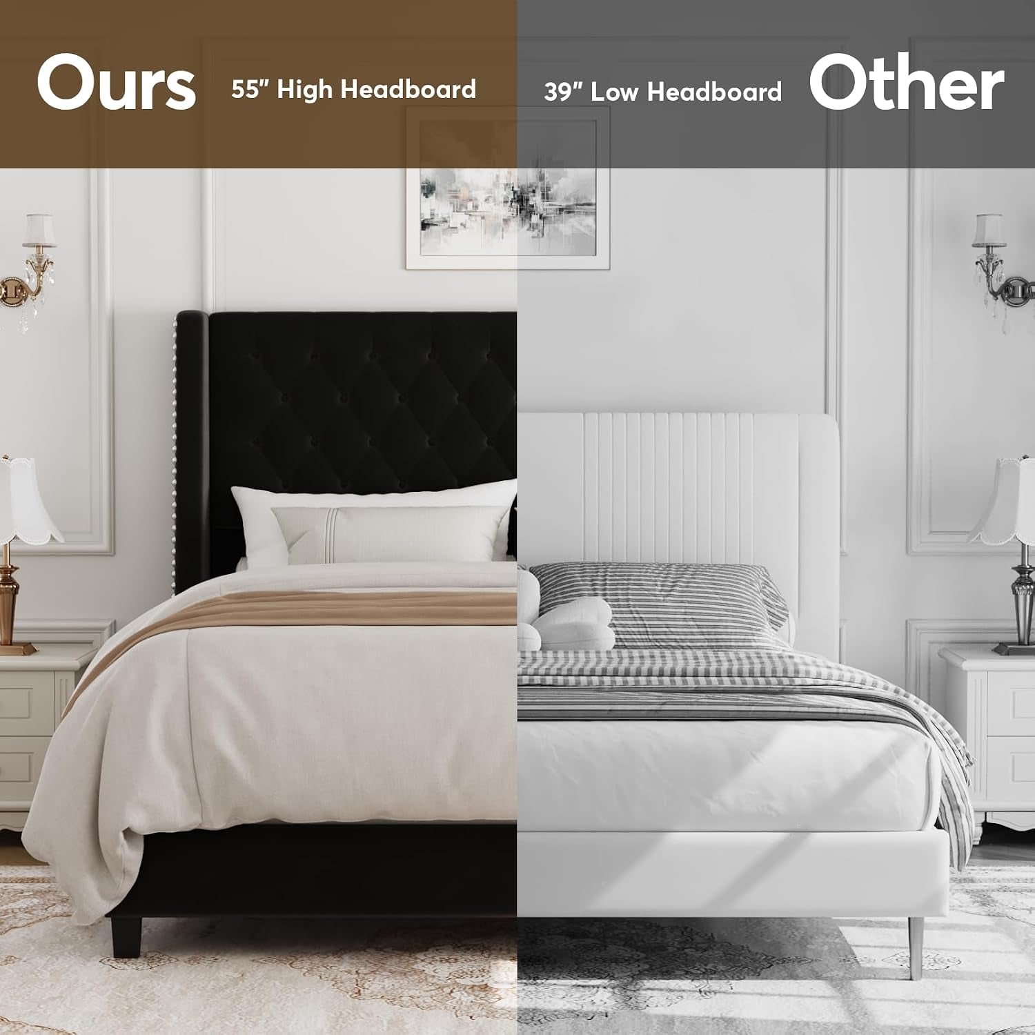 Queen Upholstered Bed Frame, 55.4'' Tall Headboard with Wingback